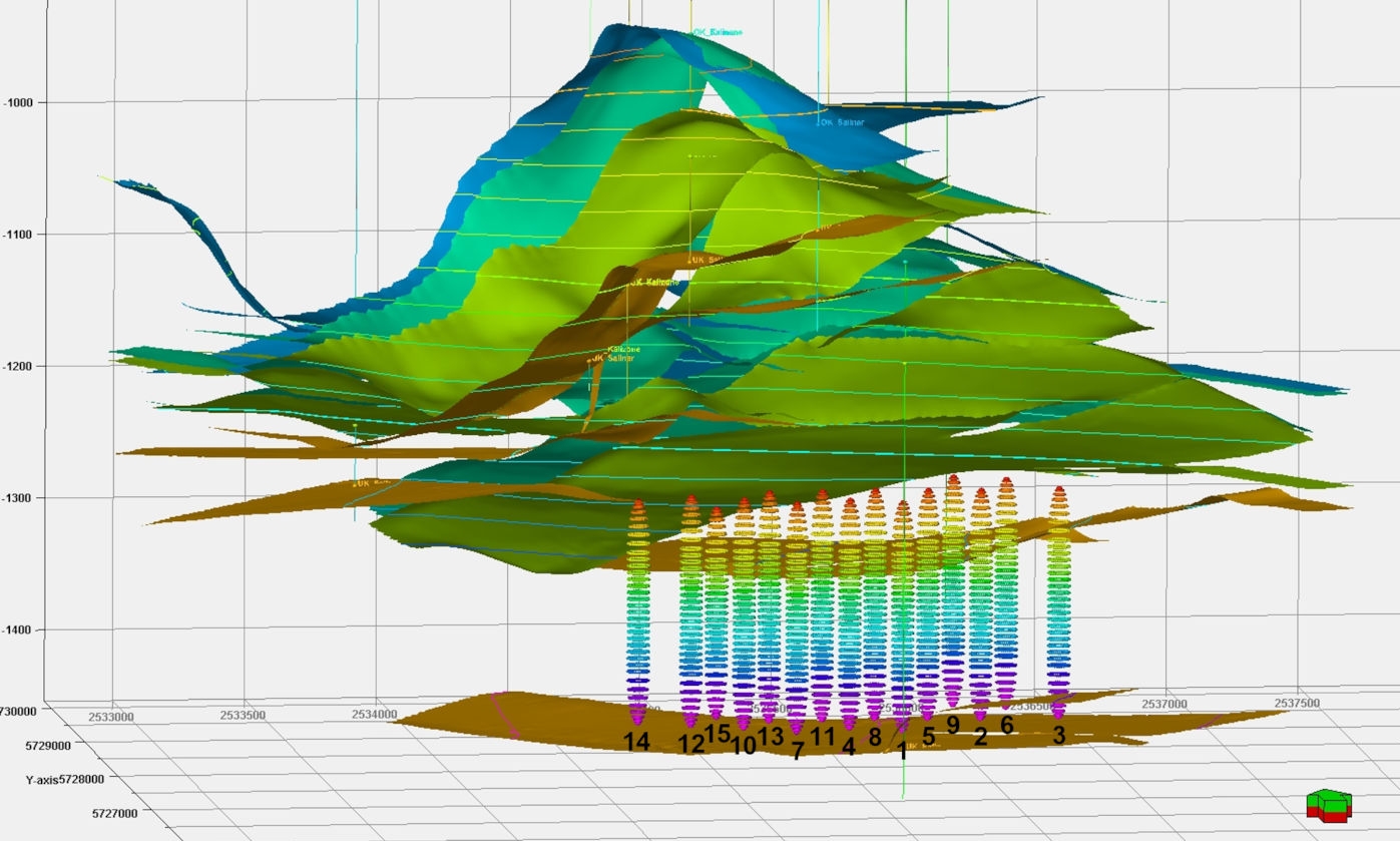 3D-Darstellung von geplanten Wasserstoff-Kavernen im geologischen Untergrund
