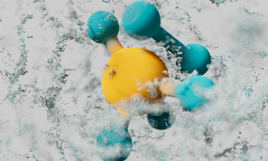 3D-Darstellung eines Molekülmodells mit Kohlenwasserstoff- und Wasserstoffmolekülen in Gelb und Türkis