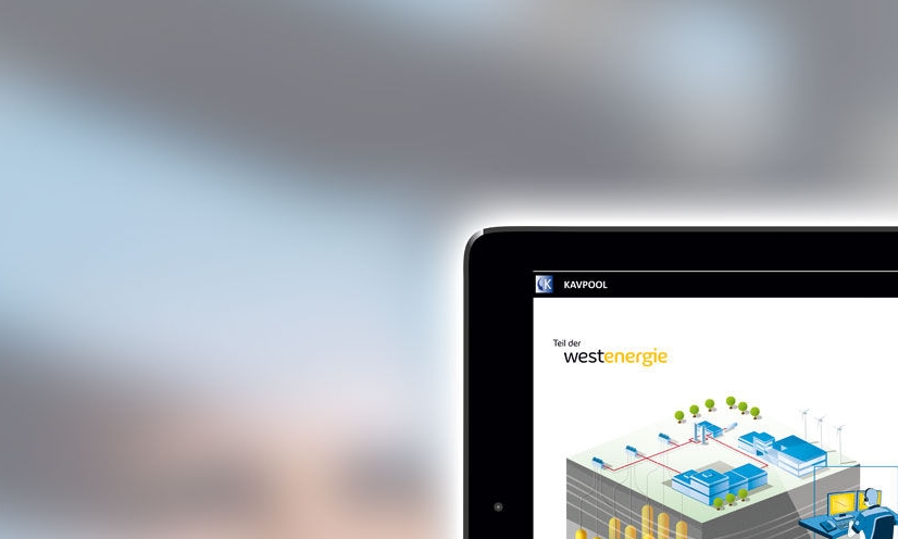 Schwarzes Tablet mit ESK-Software KAVPOOL vor verschwommenem Hintergrund