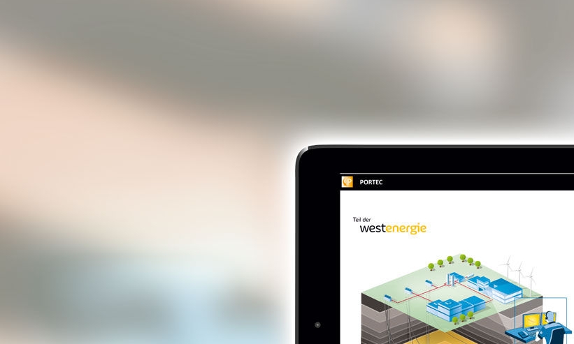 Schwarzes Tablet mit ESK-Software PORTEC vor verschwommenem Hintergrund