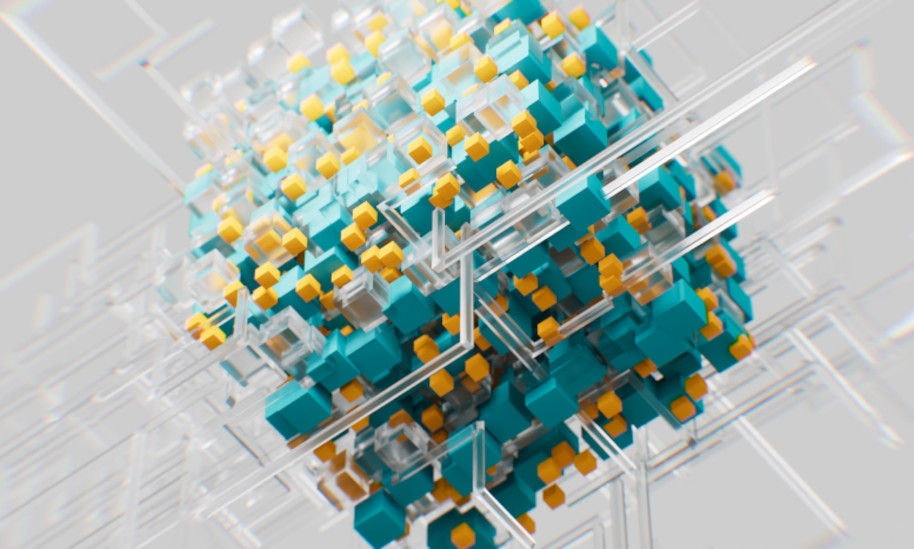 Abstrakte 3D-Darstellung aus türkisen und gelben Würfeln