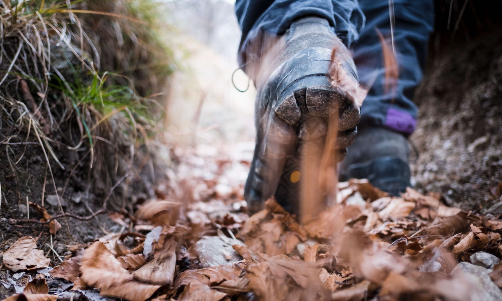 Nahaufnahme von Schuhen eines Wanderers, der durch herbstliche Blätter geht