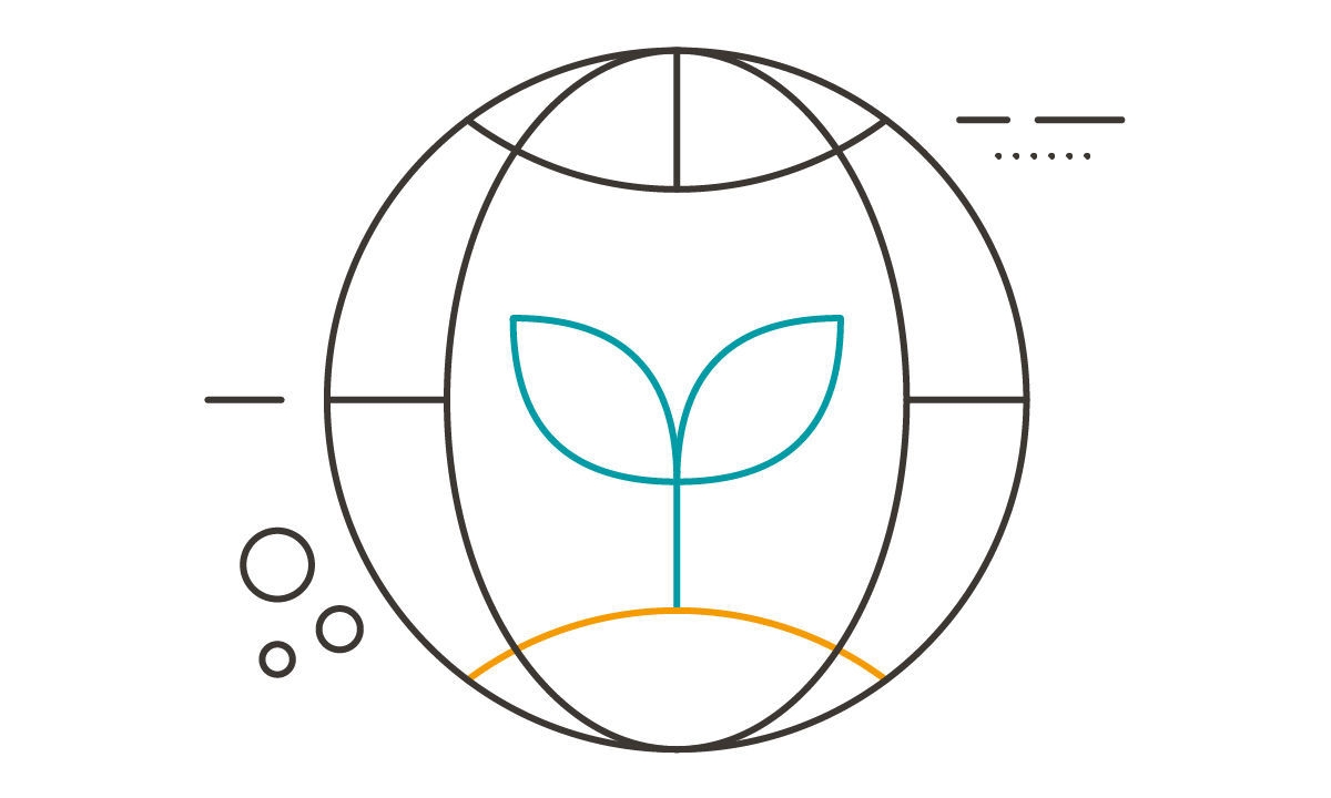 Ein Piktogramm mit einer türkis-farbigen Pflanze innerhalb eines Kreises umgeben von geometrischen Linien
