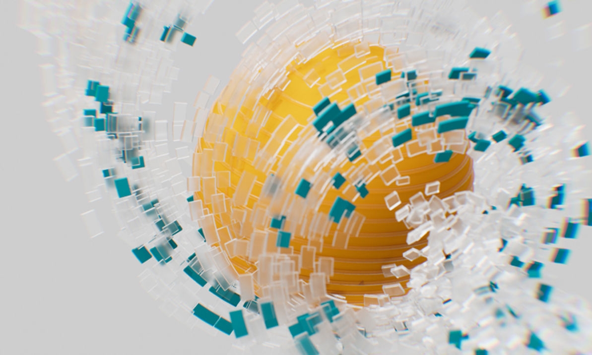3D representation of an abstract molecular model in yellow and turquoise colors