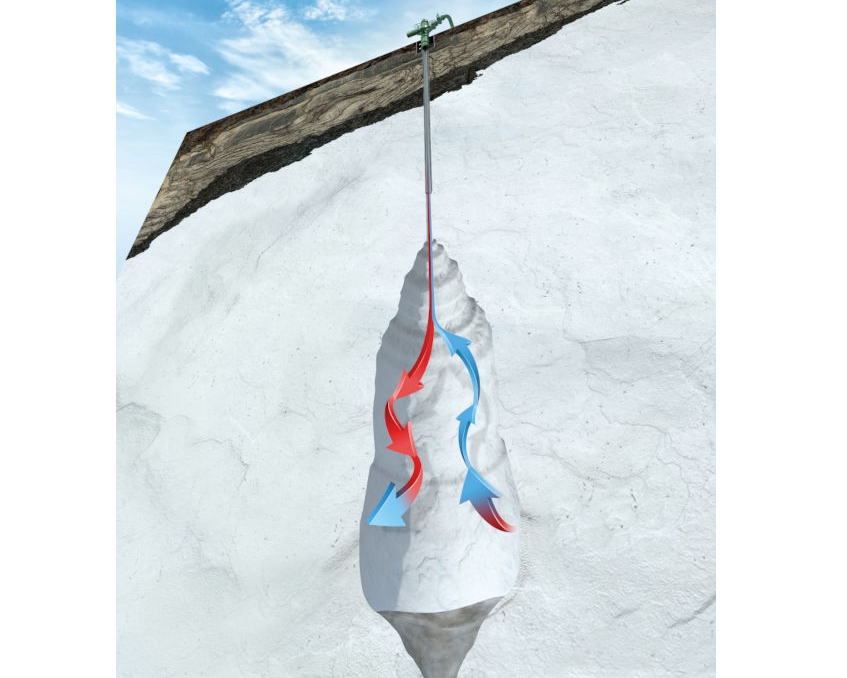 3D illustration of an underground cavern with a simulation of thermodynamic processes (pressure and temperature changes) represented by red and blue arrows
