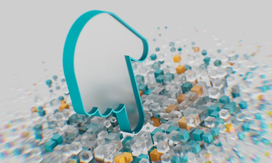 Abstract 3D representation of a turquoise-colored hand, with its index finger clicking on yellow and turquoise cubes