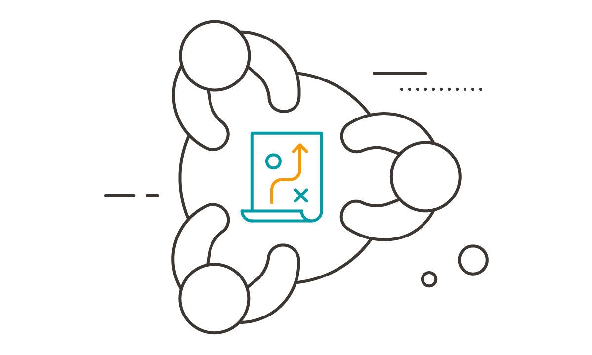 Pictogram of three people sitting around a round table working on a plan