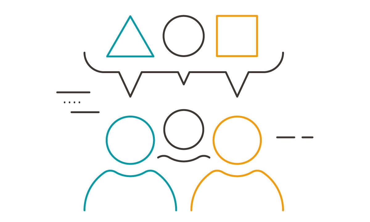 Pictogram of three people with a speech bubble above their heads containing a triangle, circle, and square