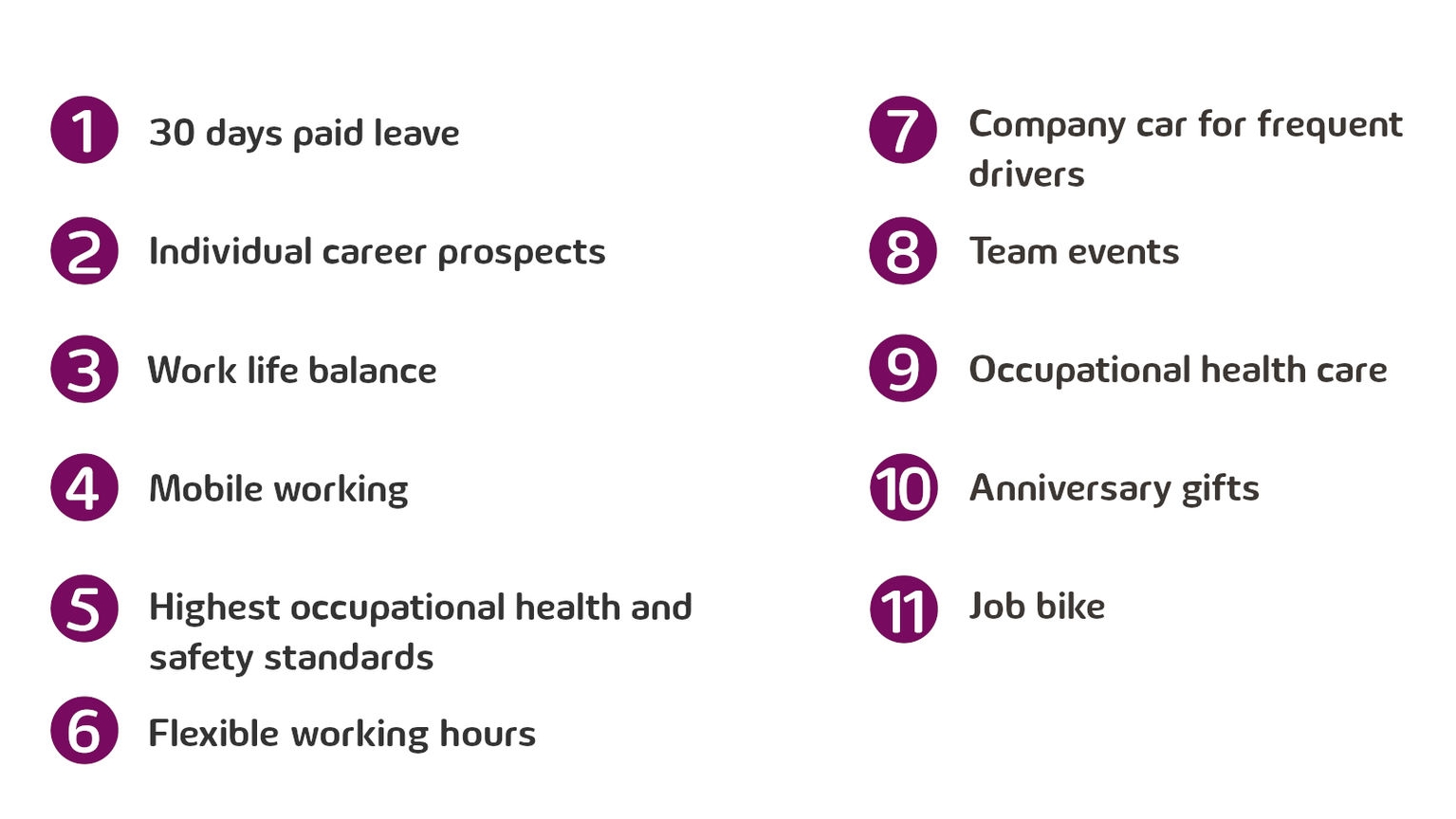 Benefits at ESK: 30 days paid leave / Individual career prospects / Work life balance / Mobile working / Highest occupational health and safety standards / Flexible working hours / Company car for frequent drivers / Team events / Occupational health care / Anniversary gifts / Job bike