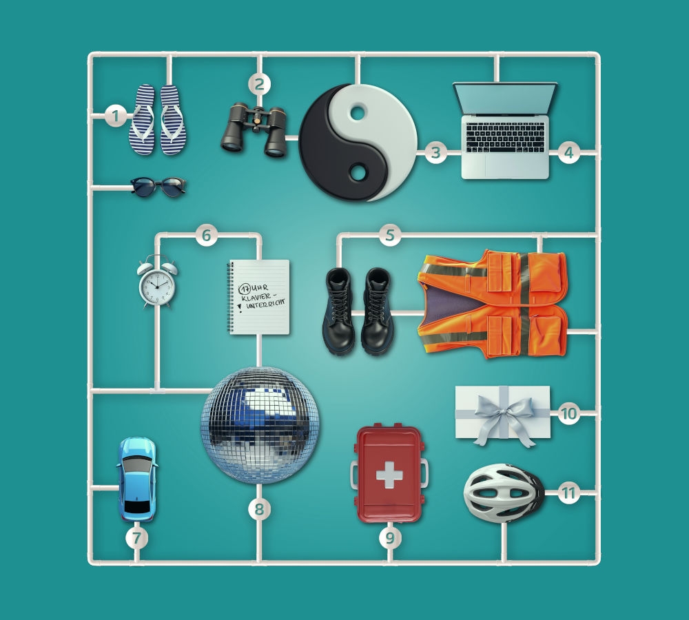 The employee benefits/Corporate Benefits at ESK: Illustration of various objects arranged in a grid against a turquoise background