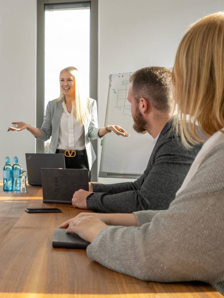 Five colleagues in a modern meeting room, with one colleague giving a presentation