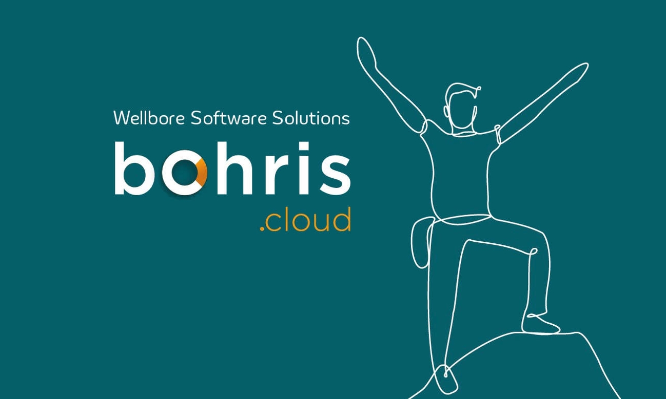bohris.cloud logo on a dark turquoise background with a stylized person raising their arms