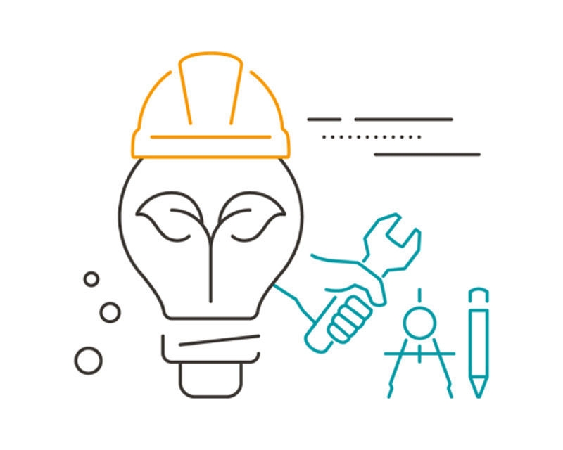 A pictogram with a plant inside a light bulb, a helmet, and a hand holding a screwdriver, with a compass and a pen underneath