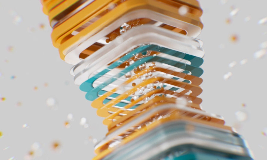 Abstract 3D representation of overlapping yellow, turquoise, and transparent rings