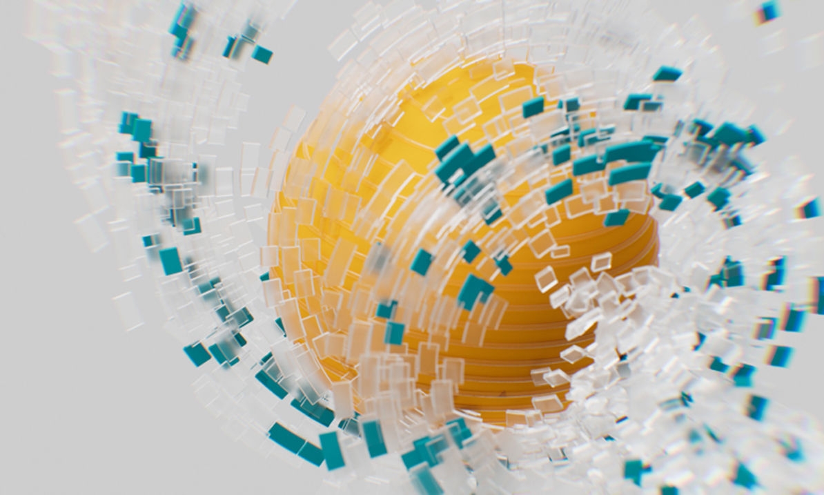 3D representation of an abstract molecular model in yellow and turquoise colors
