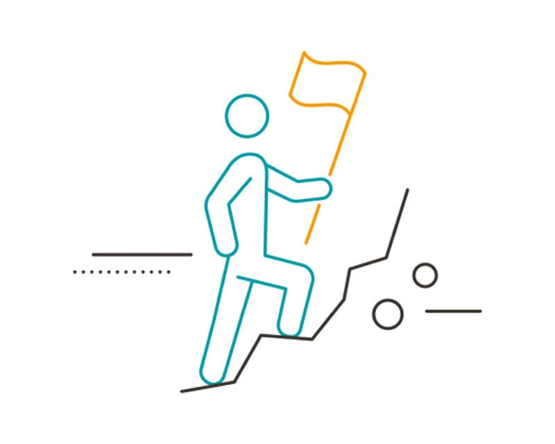 A pictogram with a person holding a flag and walking uphill