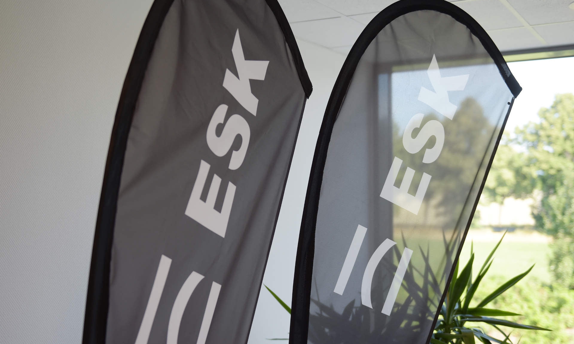 Two black beach flags with the ESK GmbH logo in front of a plant and a large window