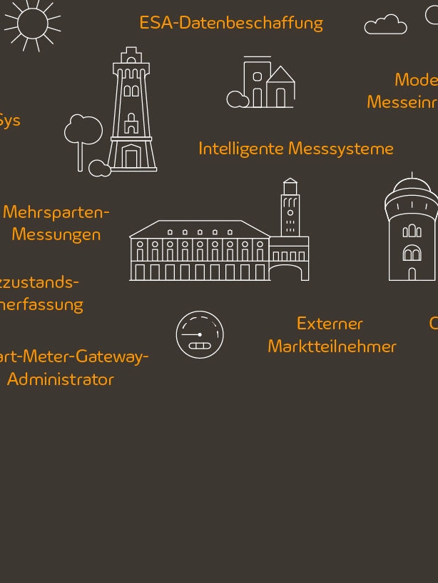 Eine beleuchtete Skyline im Dunkeln, helle gelbe Lichtpunkte sind über das Bild verteilt